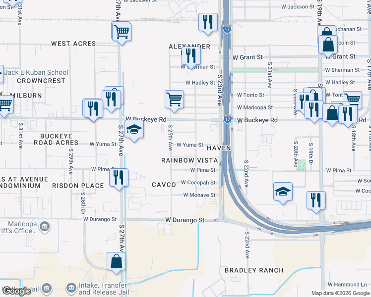 map of restaurants, bars, coffee shops, grocery stores, and more near 2413 West Yuma Street in Phoenix