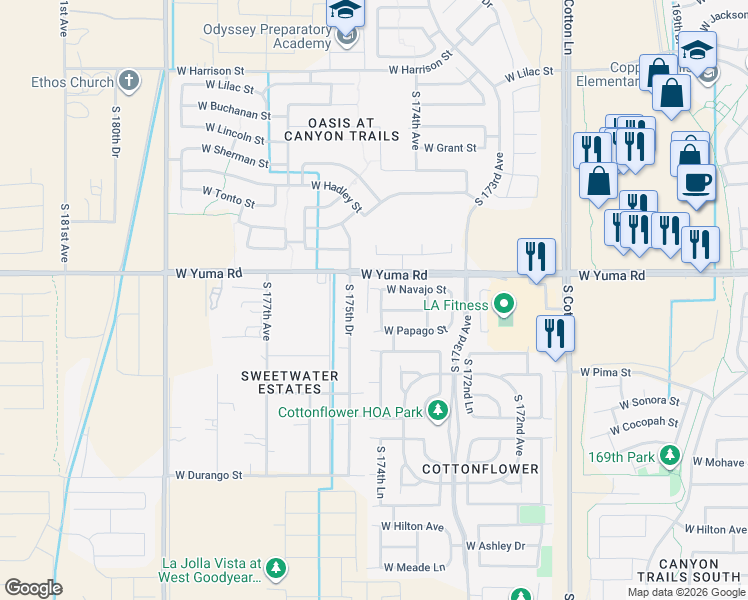 map of restaurants, bars, coffee shops, grocery stores, and more near 17497 West Navajo Street in Goodyear