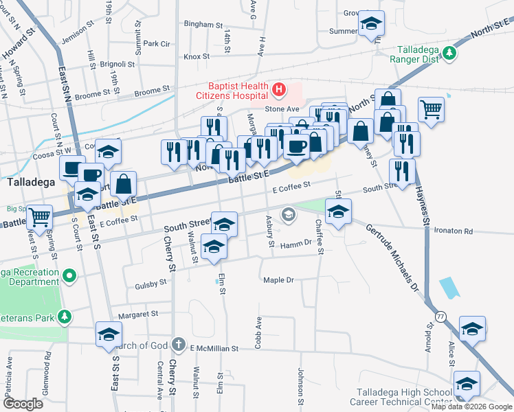 map of restaurants, bars, coffee shops, grocery stores, and more near 702 Ashland Highway in Talladega