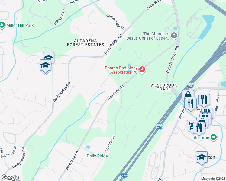 map of restaurants, bars, coffee shops, grocery stores, and more near 2639 Rillwood Road in Vestavia Hills