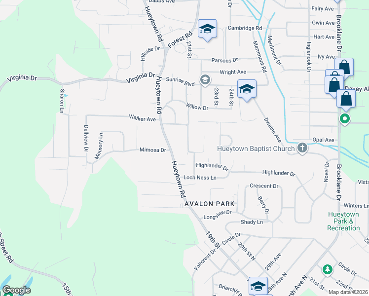 map of restaurants, bars, coffee shops, grocery stores, and more near 222 Highland Drive in Hueytown