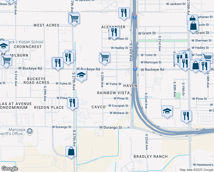 map of restaurants, bars, coffee shops, grocery stores, and more near 7600 South 25th Avenue in Phoenix