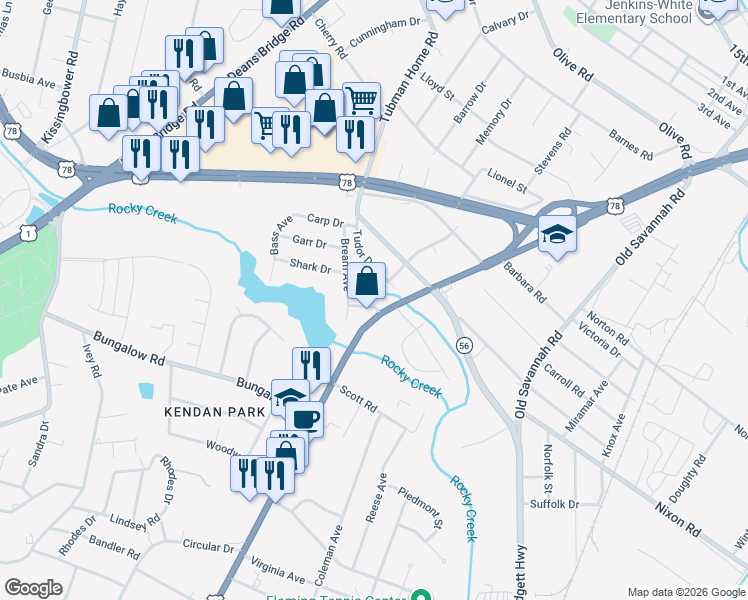 map of restaurants, bars, coffee shops, grocery stores, and more near 2215 Tudor Drive in Augusta