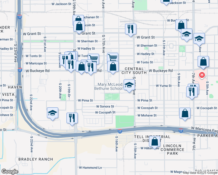 map of restaurants, bars, coffee shops, grocery stores, and more near 1619 West Yuma Street in Phoenix
