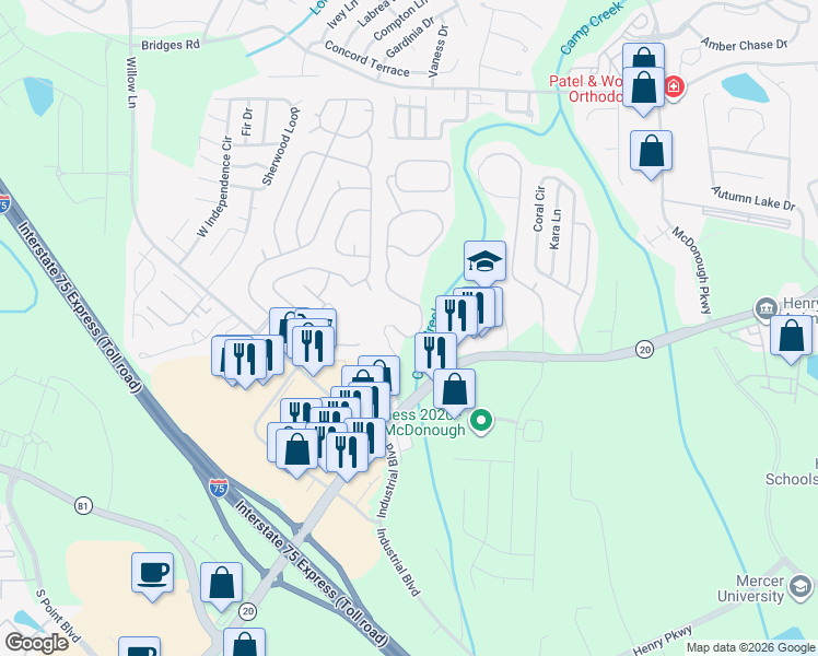map of restaurants, bars, coffee shops, grocery stores, and more near 125 Preston Creek Drive in McDonough