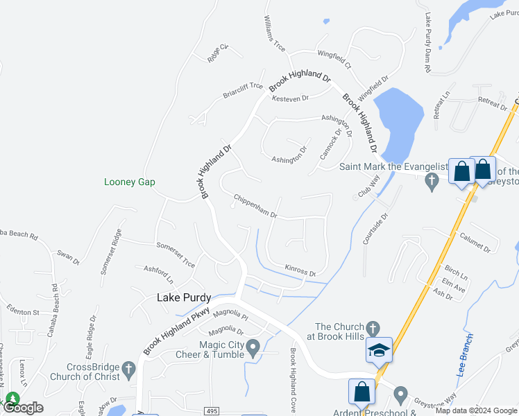 map of restaurants, bars, coffee shops, grocery stores, and more near 3564 Chippenham Drive in Birmingham
