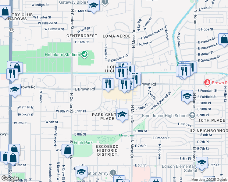map of restaurants, bars, coffee shops, grocery stores, and more near 251 East Brown Road in Mesa