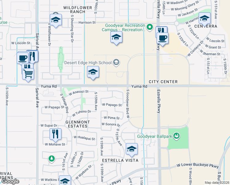 map of restaurants, bars, coffee shops, grocery stores, and more near 15787 West Anasazi Street in Goodyear