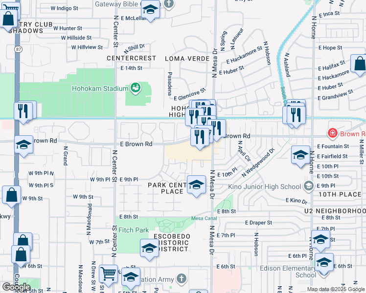map of restaurants, bars, coffee shops, grocery stores, and more near 251 East Brown Road in Mesa