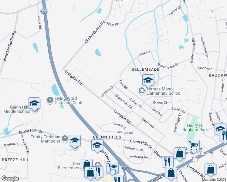 map of restaurants, bars, coffee shops, grocery stores, and more near 3114 Arcadia Drive in Augusta