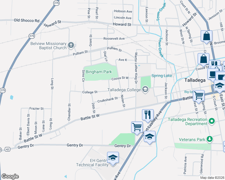 map of restaurants, bars, coffee shops, grocery stores, and more near 304 Prospect Street in Talladega