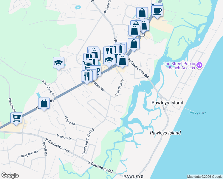 map of restaurants, bars, coffee shops, grocery stores, and more near 187 Alston Road in Pawleys Island