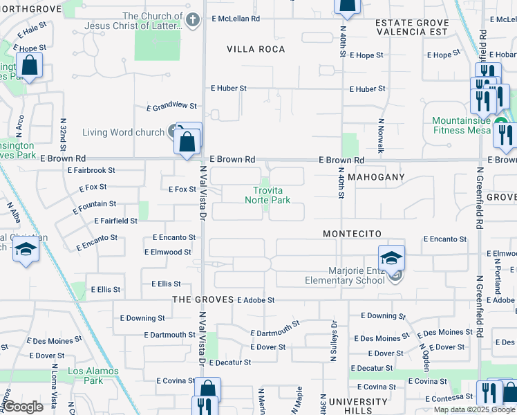 map of restaurants, bars, coffee shops, grocery stores, and more near 3833 East Fountain Street in Mesa