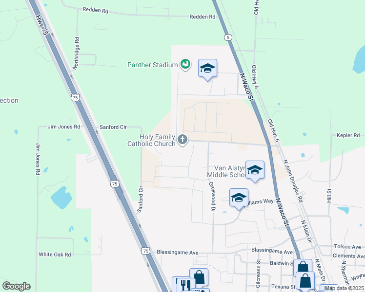 map of restaurants, bars, coffee shops, grocery stores, and more near 919 Spence Road in Van Alstyne