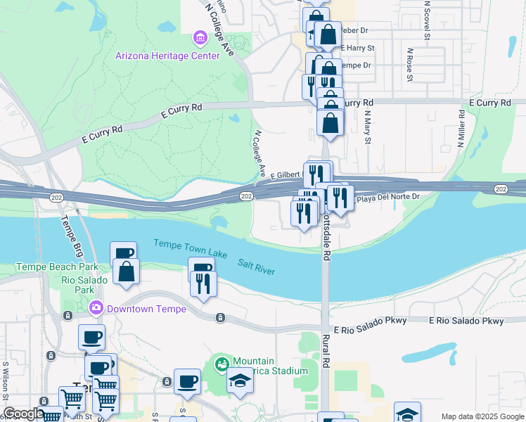 map of restaurants, bars, coffee shops, grocery stores, and more near 555 North College Avenue in Tempe