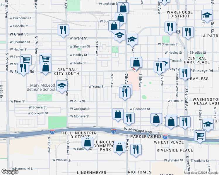 map of restaurants, bars, coffee shops, grocery stores, and more near 1351 South 9th Avenue in Phoenix