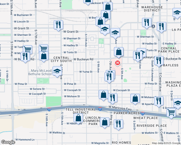 map of restaurants, bars, coffee shops, grocery stores, and more near 1244 South 10th Avenue in Phoenix