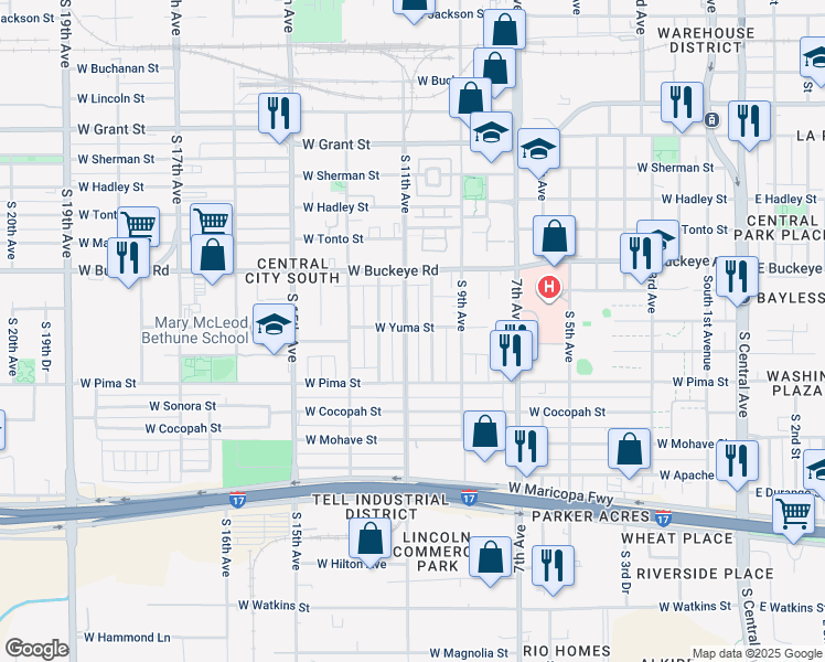 map of restaurants, bars, coffee shops, grocery stores, and more near 1244 South 10th Avenue in Phoenix