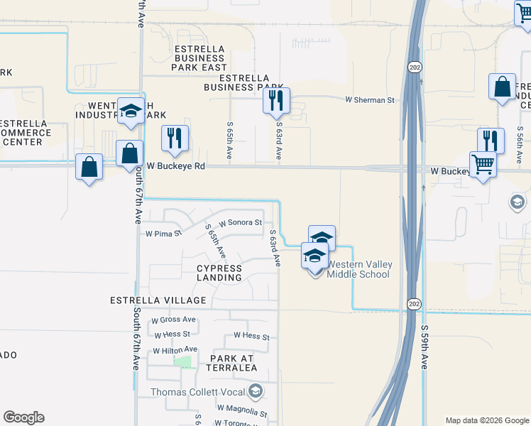 map of restaurants, bars, coffee shops, grocery stores, and more near 1409 South 63rd Drive in Phoenix