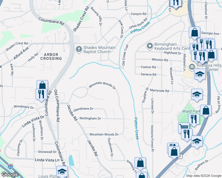 map of restaurants, bars, coffee shops, grocery stores, and more near 2537 Mountain Woods Drive in Vestavia Hills