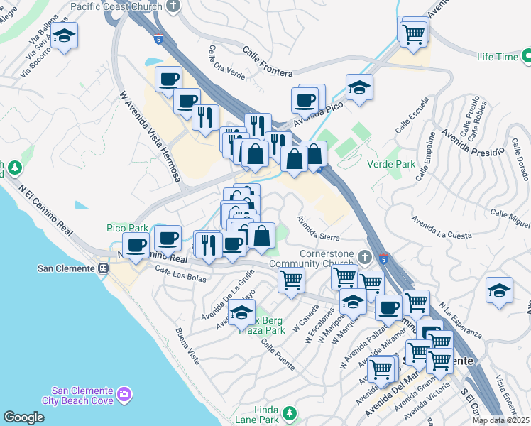 map of restaurants, bars, coffee shops, grocery stores, and more near 163 Calle Redondel in San Clemente