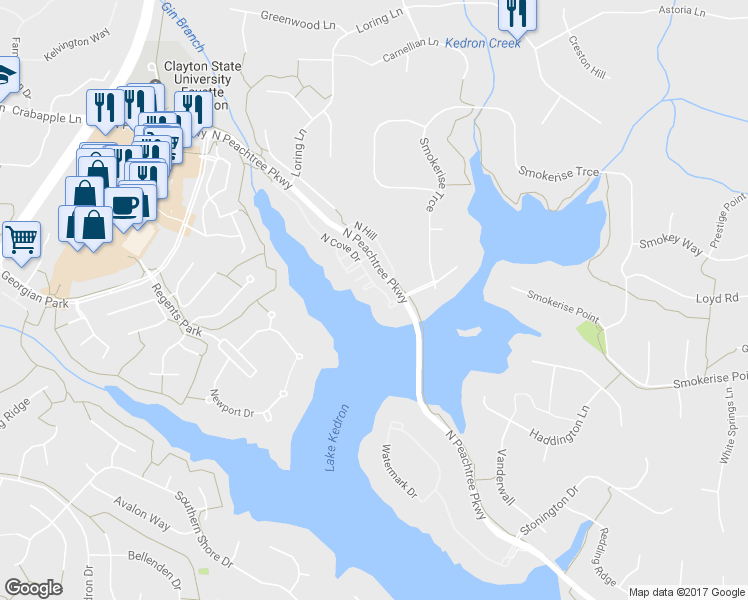 map of restaurants, bars, coffee shops, grocery stores, and more near 128 North Cove Drive in Peachtree City