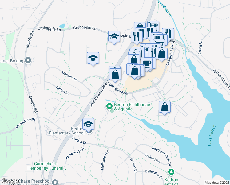 map of restaurants, bars, coffee shops, grocery stores, and more near 708 Las Brasis Court in Peachtree City