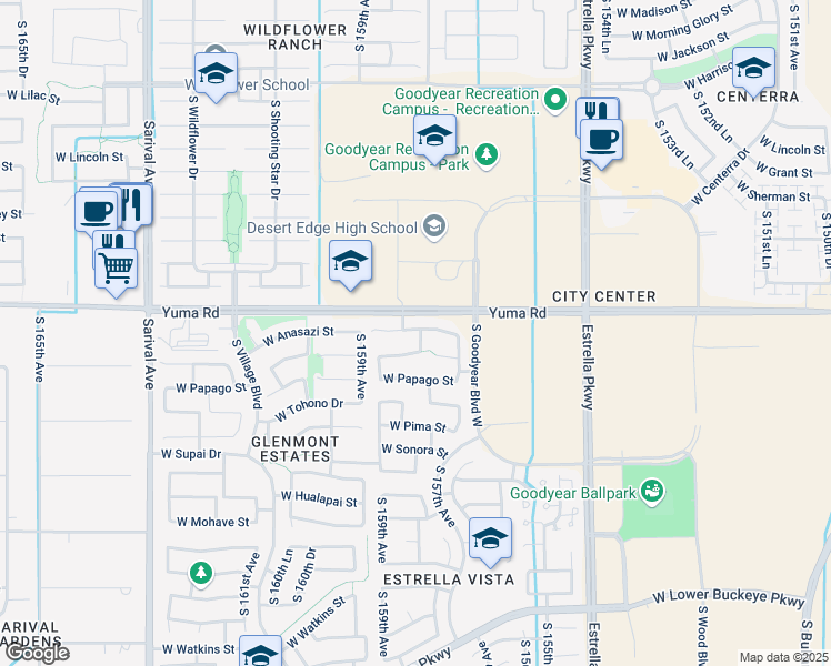 map of restaurants, bars, coffee shops, grocery stores, and more near West Anasazi Street in Goodyear