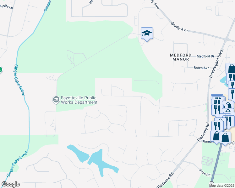 map of restaurants, bars, coffee shops, grocery stores, and more near 335 Hunters Glen in Fayetteville