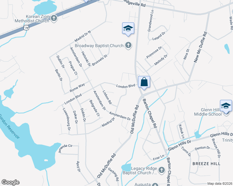 map of restaurants, bars, coffee shops, grocery stores, and more near 3601 Lisbon Court in Augusta