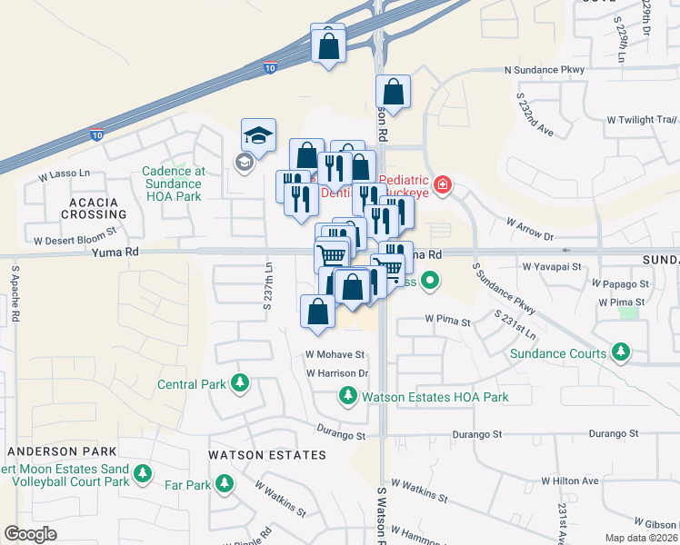 map of restaurants, bars, coffee shops, grocery stores, and more near 1300 South Watson Road in Buckeye