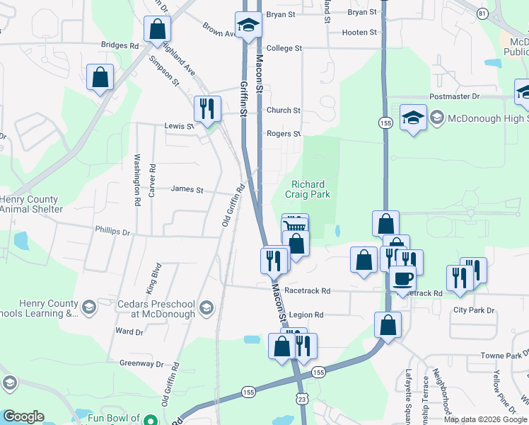 map of restaurants, bars, coffee shops, grocery stores, and more near 468 Macon Street in McDonough
