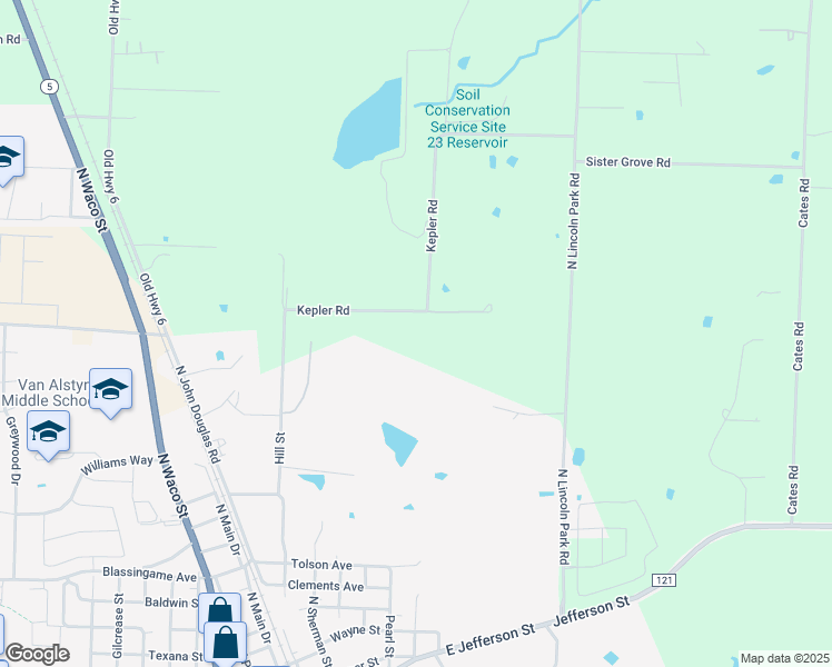 map of restaurants, bars, coffee shops, grocery stores, and more near 70 Kepler Road in Van Alstyne