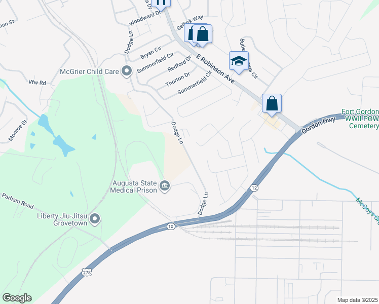 map of restaurants, bars, coffee shops, grocery stores, and more near 10 Dodge Lane in Grovetown