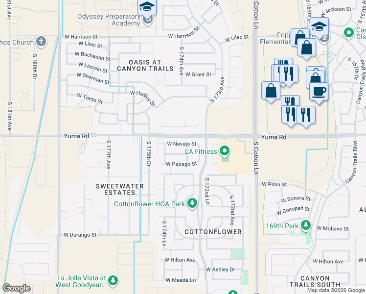 map of restaurants, bars, coffee shops, grocery stores, and more near 17429 West Navajo Street in Goodyear