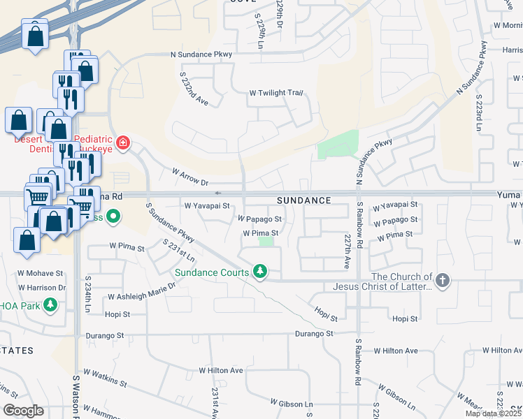 map of restaurants, bars, coffee shops, grocery stores, and more near 22975 W Yavapai St in Buckeye