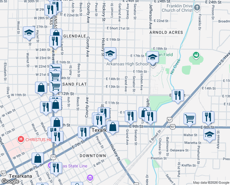 map of restaurants, bars, coffee shops, grocery stores, and more near 1212 Locust Street in Texarkana