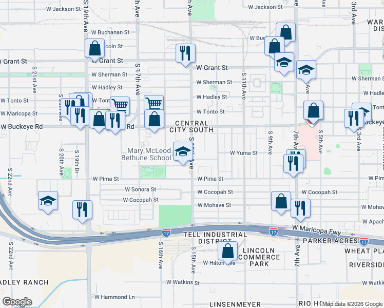 map of restaurants, bars, coffee shops, grocery stores, and more near 1262 South 14th Avenue in Phoenix