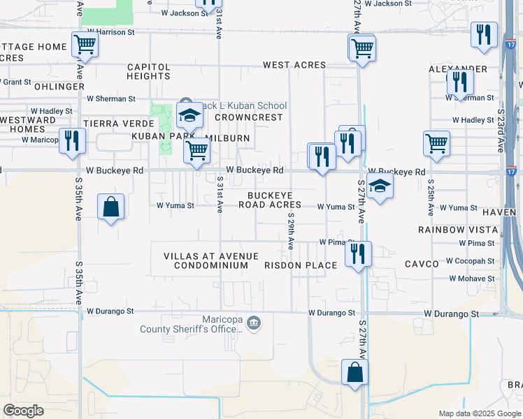 map of restaurants, bars, coffee shops, grocery stores, and more near 2939 West Yuma Street in Phoenix