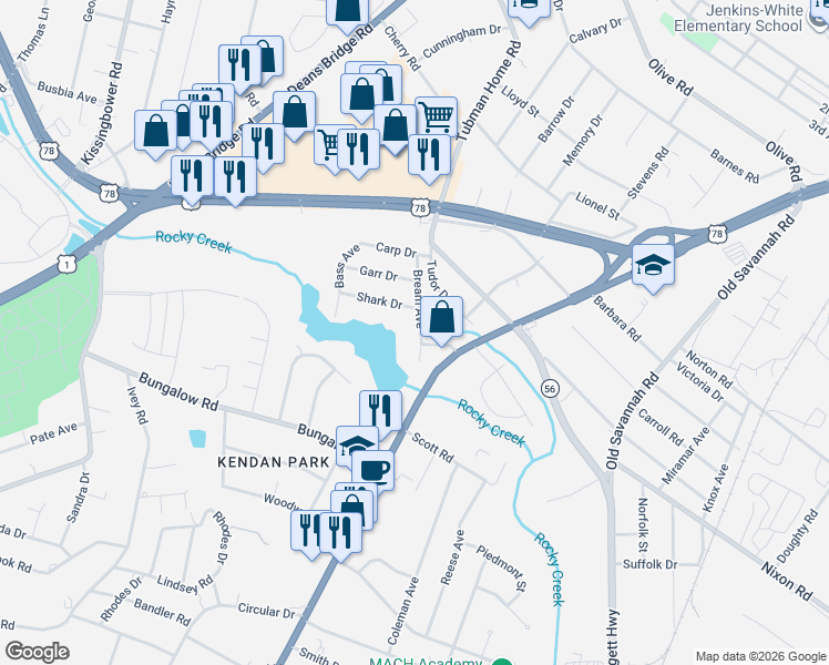 map of restaurants, bars, coffee shops, grocery stores, and more near 2424 Bream Avenue in Augusta