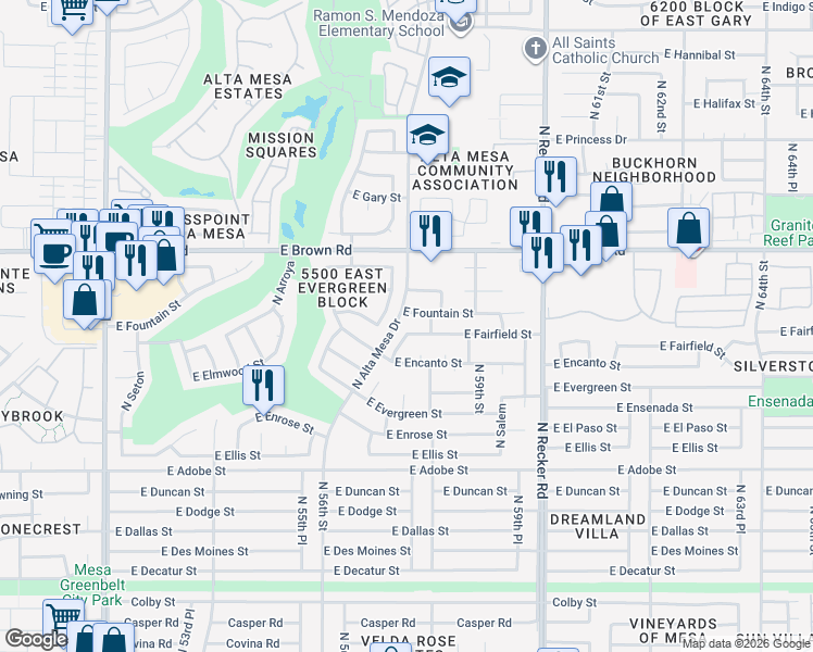 map of restaurants, bars, coffee shops, grocery stores, and more near 5763 East Fountain Street in Mesa