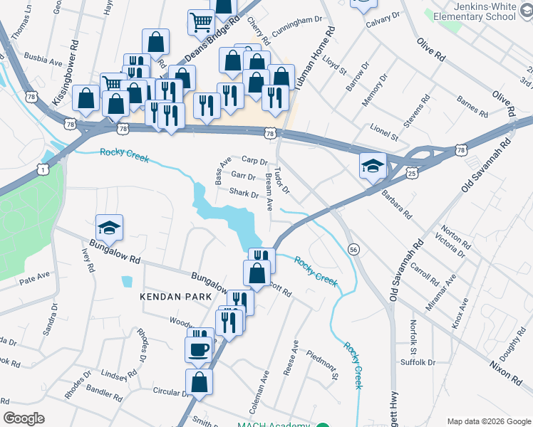 map of restaurants, bars, coffee shops, grocery stores, and more near 2424 Bream Avenue in Augusta