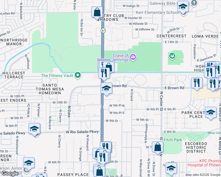 map of restaurants, bars, coffee shops, grocery stores, and more near 333 West Brown Road in Mesa