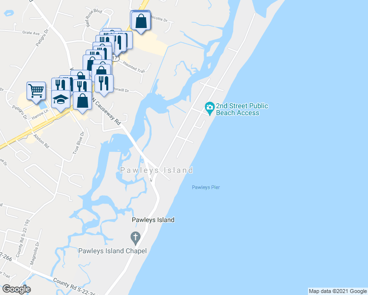 map of restaurants, bars, coffee shops, grocery stores, and more near 296 County Road S-22-462 in Pawleys Island