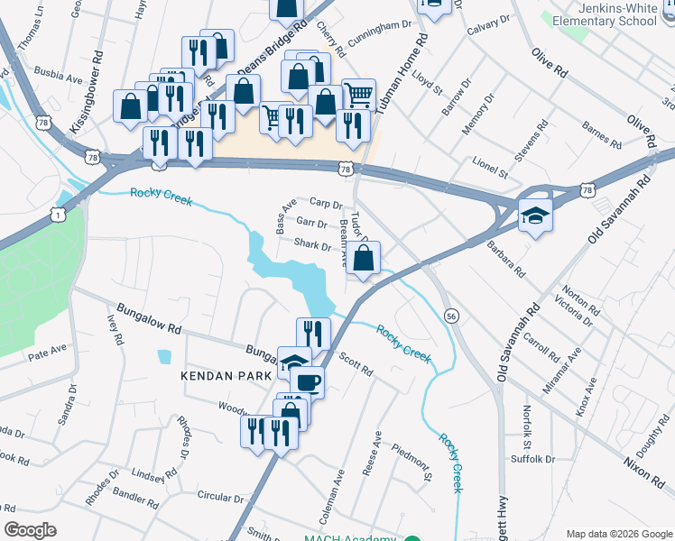 map of restaurants, bars, coffee shops, grocery stores, and more near 2424 Bream Avenue in Augusta