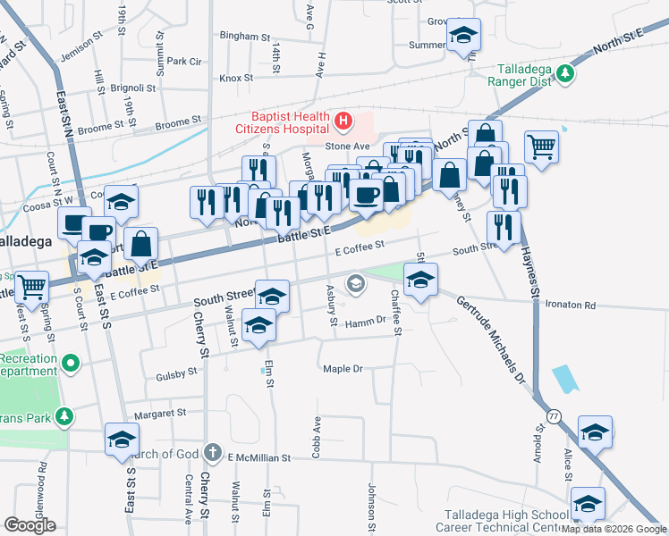 map of restaurants, bars, coffee shops, grocery stores, and more near 702 Ashland Highway in Talladega
