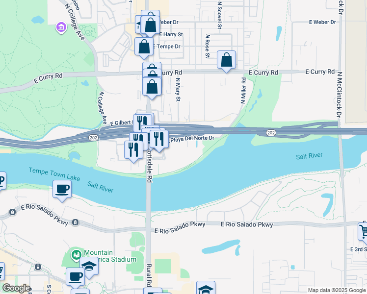 map of restaurants, bars, coffee shops, grocery stores, and more near 999 East Playa Del Norte Drive in Tempe