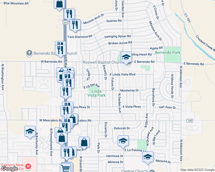 map of restaurants, bars, coffee shops, grocery stores, and more near 3105 Encanto Drive in Roswell