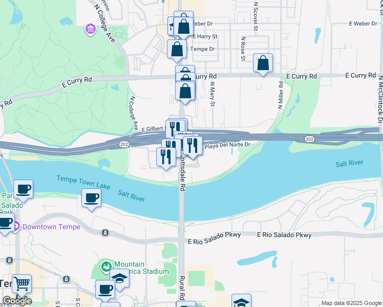 map of restaurants, bars, coffee shops, grocery stores, and more near 920 East Playa Del Norte Drive in Tempe