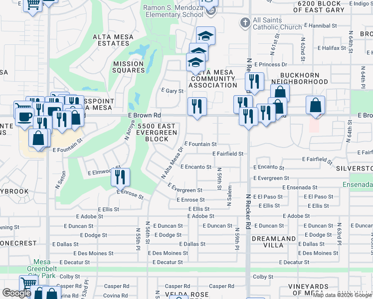 map of restaurants, bars, coffee shops, grocery stores, and more near 5763 East Fountain Street in Mesa